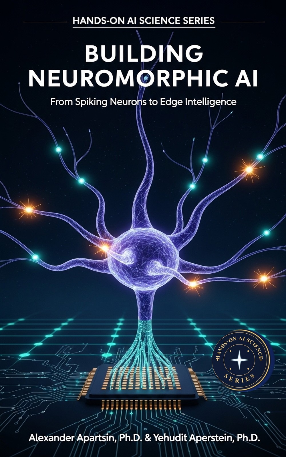 Book cover: luminous spiking neuron filaments and sparse event pulses bridging biology and silicon chip hardware against a deep space background